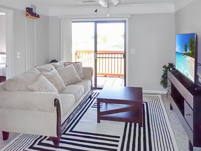 Living room includes new furniture, 55" Roku TV, south-facing patio. - 3601 Saint Johns Ct