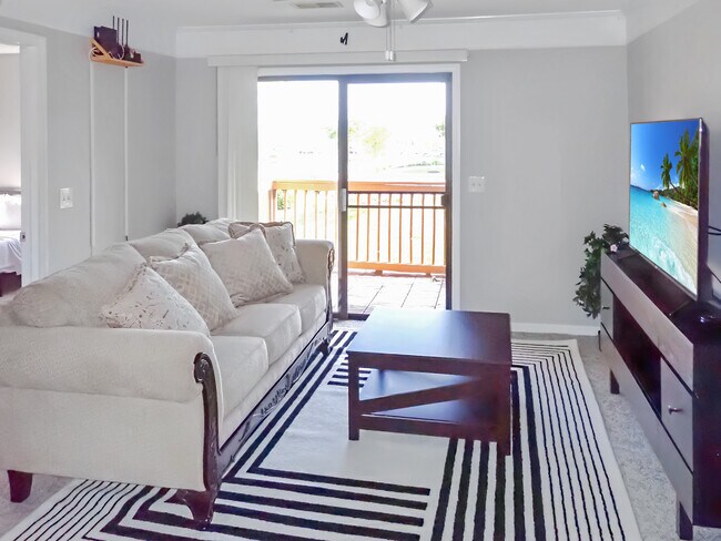 Living room includes new furniture, 55" Roku TV, south-facing patio. - 3601 Saint Johns Ct Apartment