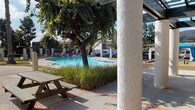 Located at 15095 Via Hondonada in the Rancho Penasquitos community of San Diego, this single-level outdoor amenity space offers a well-appointed gathering area designed for recreation and relaxation. At the heart of the space is a generously sized swimming pool with clear blue water, framed by lush ornamental grasses and mature shade trees that lend a natural, park-like atmosphere. A spa or wading feature is also present nearby, adding to the resort-style appeal.

A covered pergola structure with sturdy white stucco columns and a latticed roof provides ample shade over a concrete patio accented with brick-tone inlay details. Beneath the pergola, wooden picnic tables offer comfortable seating for casual gatherings or outdoor dining. The patio extends beyond the covered area into an open-air courtyard with additional picnic tables, surrounded by tall palm trees and wrought iron fencing that defines the perimeter.

A building with large grid-pane glass doors and windows opens directly onto the pool deck, suggesting an indoor-outdoor connection ideal for events or community use. Rolling hillside views in the background enhance the scenic quality of the space. The overall environment is bright, clean, and inviting, reflecting the Southern California lifestyle with its abundance of natural light and thoughtfully maintained landscaping.