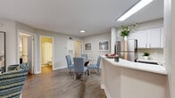Located at 1401 S Kirkman Rd in Orlando, Florida, this well-designed single-floor residence makes smart use of its compact footprint. The open-concept kitchen and living area serves as the heart of the space, where a peninsula with white quartz-style countertops separates the kitchen from the dining and living zones. The kitchen is outfitted with white shaker cabinets, stainless steel appliances including a full-size refrigerator and microwave, and a functional layout ideal for everyday living. The living area benefits from natural light streaming through a large sliding glass door fitted with vertical blinds, complemented by a ceiling fan overhead. Wood-look flooring flows seamlessly throughout, lending a cohesive and modern feel. The sleeping area includes wall-mounted mirrors that enhance the sense of space. The bathroom features a full tub-shower combo, a white vanity with a light countertop, and clean, neutral finishes. An integrated laundry area houses a full-size washer and dryer with built-in wire shelving for added storage convenience. A dedicated closet provides additional organization space, rounding out this practical and thoughtfully arranged Orlando residence.