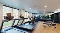 This modern fitness center offers a comprehensive, single-floor layout thoughtfully designed to accommodate a wide range of workout routines. The space features a clean, contemporary aesthetic with warm hardwood flooring in the free weights and functional training area, transitioning to durable rubberized matting beneath the cardio equipment. Recessed lighting illuminates the entire floor plan evenly, contributing to a bright and energizing atmosphere.

The cardio zone is well-appointed with multiple treadmills, stationary cycling bikes, and an elliptical trainer, all positioned along a windowed wall that allows ample natural light and views of an outdoor green space. Large black-trimmed windows and glass doors reinforce the connection to the exterior environment.

The strength training area features a power rack with an adjustable bench, multiple flat and adjustable benches, a full dumbbell rack, and an extensive collection of medicine balls and stability balls neatly organized on dedicated racks. Floor-to-ceiling mirrors line the dark-accented walls, visually expanding the space and allowing users to monitor their form. Built-in shelving provides additional storage for equipment. The overall design balances functionality with a sleek, professional aesthetic suitable for a high-quality fitness facility.