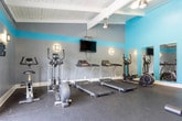 Located at 621 Memorial Dr in Red Bank, Tennessee, this fitness center is a well-appointed, single-floor facility designed to support a comprehensive workout experience. The space is characterized by a bold and modern color scheme, with gray walls accented by a vibrant teal horizontal stripe that wraps around the room, lending the interior a bright, energetic atmosphere. The white-paneled ceiling features exposed beams, adding architectural interest while contributing to the room's sense of height and openness. Durable rubber flooring throughout provides a safe and practical surface for exercise. The cardio zone is equipped with multiple treadmills and elliptical cross-trainers, each positioned for easy use, with a wall-mounted flat-screen television nearby for entertainment during workouts. The strength training area includes a multi-station cable machine along with free weights and a flat bench, catering to a variety of exercise routines. Full-length mirrors are mounted along the walls, enhancing the sense of space and allowing users to monitor their form. Natural light fills the room through a set of sliding glass doors that open directly to an outdoor pool area, providing a seamless connection to exterior amenities and scenic views of the surrounding landscape. Wall sconces add warm, supplemental lighting throughout the space.