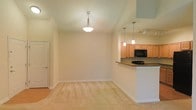 This single-floor space showcases an open-concept design that effortlessly connects the living area and kitchen, creating a bright and airy atmosphere. The living area features light carpet flooring and soft neutral-toned walls, lending a clean and welcoming feel. A vaulted ceiling adds a sense of height and openness, accentuated by a pendant light fixture that provides warm, focused illumination.

The kitchen is positioned adjacent to the living space and is defined by a raised breakfast bar with a dark countertop, offering both a functional workspace and a casual dining option. Warm-toned wood cabinetry lines the upper walls of the kitchen, providing ample storage, while a built-in black microwave adds a sleek, modern contrast. Two slender pendant lights hang above the kitchen area, complementing the overall lighting scheme.

The transition between the carpeted living area and the kitchen's hard flooring subtly delineates the two zones while maintaining visual continuity. A doorway visible near the edge of the space hints at additional rooms beyond. Overall, the layout balances practicality with an inviting, comfortable ambiance suited for everyday living.