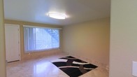 This single-floor space presents a clean, straightforward layout with a calm and neutral aesthetic. The room features polished marble-style tile flooring that reflects light and contributes to a bright, open atmosphere. A large window dressed with vertical blinds dominates one wall, allowing generous natural light to flow into the interior while offering a view of the exterior surroundings. The walls are finished in a warm neutral tone, complementing the understated palette of the space. A textured ceiling with a centrally mounted oval flush-mount light fixture provides overhead illumination, ensuring the room remains well-lit regardless of natural light conditions. A bold black, white, and brown area rug anchors the center of the room, adding a decorative element and visual contrast against the light-toned flooring. The overall ambiance is simple and functional, offering a versatile blank canvas suitable for a variety of uses. The space conveys a sense of openness, with minimal visual clutter and a practical design that prioritizes light and clean lines throughout.