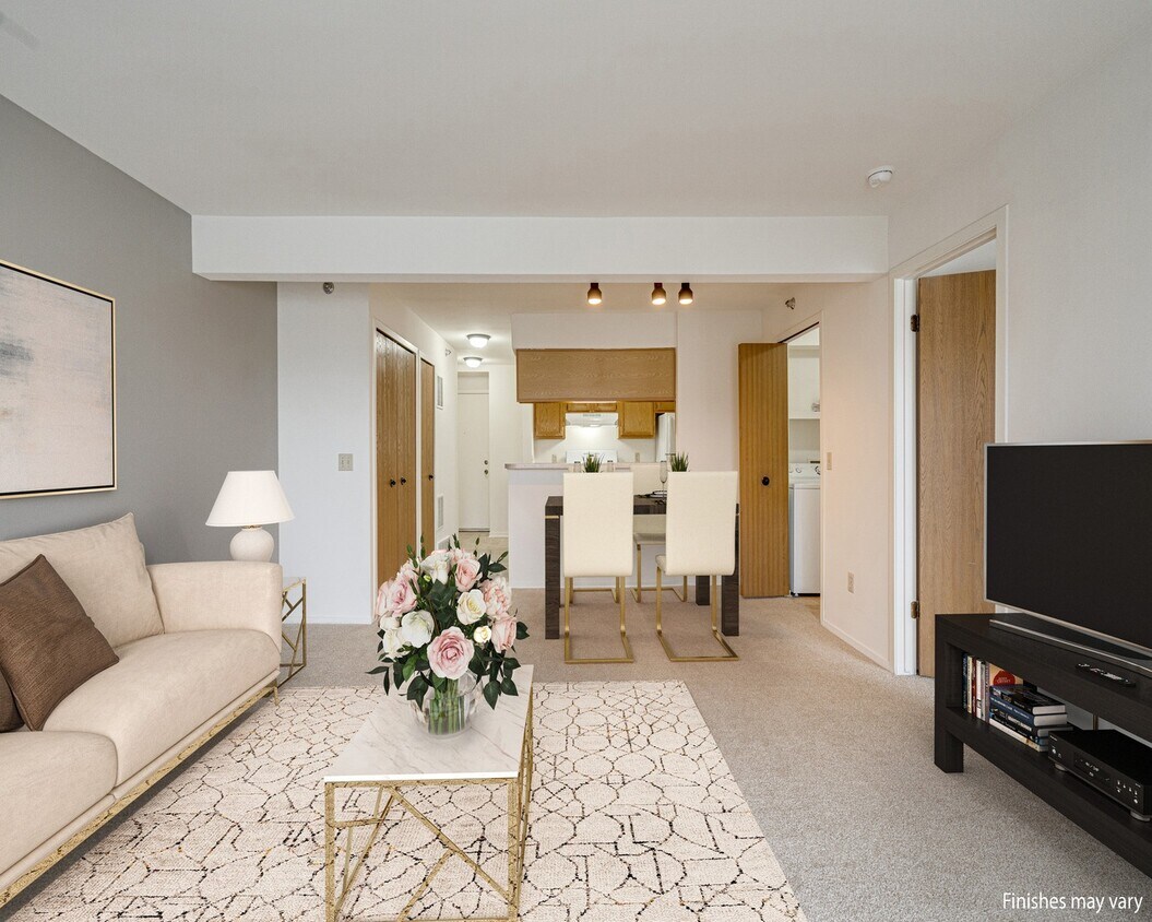 Sala de estar modelo Azalea Layout con vista a la cocina - Portsmouth Apartments