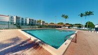 This single-story property offers access to a well-maintained outdoor pool area that serves as a central amenity of the community. The pool itself is generously proportioned, featuring clear turquoise water and a concrete surround edged with classic brick paver decking, providing ample space for lounging and recreation. Entry to the pool is facilitated by stainless steel handrails, and a safety ring is mounted nearby, reflecting attentive maintenance standards.

The pool area is enclosed by a wrought iron security fence, ensuring a safe and defined perimeter. Tall, mature royal palm trees frame the space, contributing to a distinctly tropical atmosphere that is further enhanced by an open, unobstructed view of the clear blue sky above. In the background, a low-rise white building with a terracotta-accented roofline is visible, along with what appears to be an adjacent covered structure and additional green landscaping that adds depth and color to the surroundings.

Flood lighting poles are positioned throughout the area, indicating that the pool and surrounding deck can be utilized during evening hours. The overall ambiance of the outdoor space is bright, open, and characteristic of a warm, sun-drenched climate, offering a relaxed and inviting environment suited for outdoor leisure.