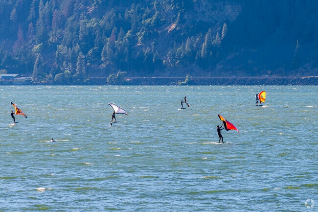 Windsurfers enjoy epic rides on the Columbia River.