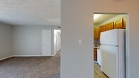 This single-floor residence is thoughtfully laid out to maximize functionality across its living spaces. The living room is generously proportioned, featuring neutral-toned carpet, a textured ceiling, and a ceiling fan, creating a comfortable and versatile space. A sliding glass door fitted with vertical blinds floods the area with natural light and provides direct access to a private balcony with outdoor views.

The kitchen is efficiently designed with warm oak cabinetry extending to the upper walls, offering ample storage. White appliances, including an electric range, dishwasher, and refrigerator, complement the light countertops, while a corner sink and wood-look flooring complete the practical layout.

The bedrooms are carpeted and finished in soft gray tones, each offering natural light through blinds-fitted windows. Sliding and hinged closet doors provide dedicated storage in the bedrooms. The bathroom features a full tub-shower combination with white tile surround, a wood-toned vanity with an integrated sink, and wood-look vinyl flooring. Throughout the residence, neutral wall tones and consistent finishes contribute to a clean, cohesive aesthetic.