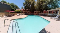 Located at 2102 E 51st St in Tulsa, Oklahoma, this single-story community facility offers a well-rounded set of shared amenities designed for comfort and convenience. The centerpiece of the property is a generously sized outdoor swimming pool with a classic geometric shape, surrounded by a wide concrete deck furnished with lounge chairs for relaxing in the Oklahoma sun. The pool area is enclosed by a white picket fence and is shaded by a canopy of mature trees, lending a cool and inviting atmosphere during warm months. A covered pergola structure adjacent to the pool provides additional shaded outdoor seating, while a grill station nearby makes the area well-suited for outdoor gatherings. Pool rules and hours are clearly posted at the gated entry point. Interior common areas feature light tile flooring and neutral-toned walls, creating a clean and functional environment. A vending area is conveniently accessible within the interior hallway, and staff-only utility and storage rooms are located nearby. Large windows in the interior offer direct sightlines to the pool area, keeping the indoor and outdoor spaces visually connected. The property is framed by lush, mature trees that contribute to a shaded and pleasant outdoor setting throughout the grounds.