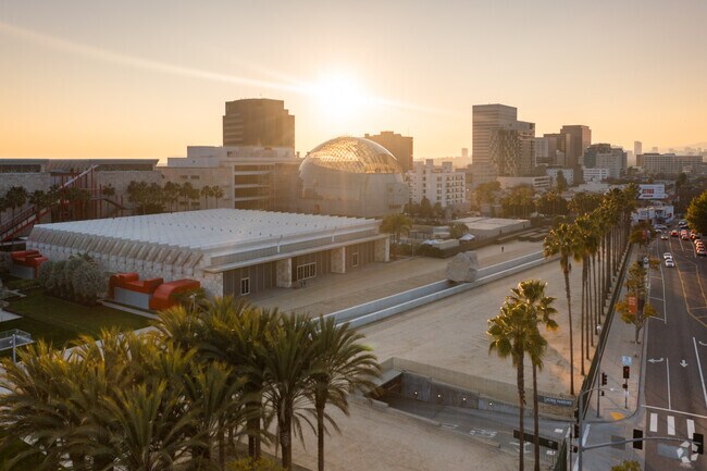 Sunset over Academy Museum and LACMA.