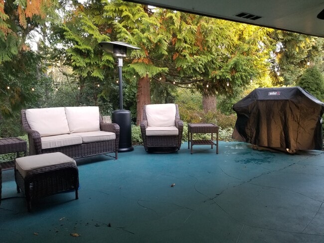 Patio with furniture, gas grill, and heater. - 13012 Shorewood Dr SW