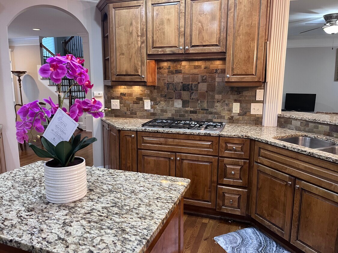 Kitchen - Kitchen featuring stainless steel gas cooktop, dark hardwood / wood-style flooring, light - 7987 Magnolia Sq