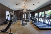 The River Pointe fitness center at 915 Lovvorn Rd in Carrollton, Georgia, is a thoughtfully designed single-floor facility that combines functionality with refined aesthetics. The main workout area is generously proportioned, offering ample space for a comprehensive range of exercise equipment, including commercial-grade strength machines by Cybex, cable systems, free weights, and a dedicated row of treadmills and cardio equipment positioned along large windows that provide views of the outdoor pool area.

The interior is defined by rich wood-paneled walls that lend a warm, contemporary character to the space, complemented by a striking crystal chandelier that serves as a distinctive focal point overhead. Recessed lighting throughout ensures a well-lit environment suitable for all types of workouts. The flooring features durable, cushioned carpeting designed to support high-impact activity.

Along one wall, built-in dark cabinetry with a countertop and under-counter beverage refrigerator provides convenient storage and amenity access. Two interior doors lead to additional rooms, offering functional support spaces. Stability balls and accessories are also available, rounding out the facility's offerings. The River Pointe branding is prominently displayed, reinforcing the polished, community-oriented identity of this well-appointed fitness destination.