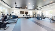 Located in Charlotte, NC, this fitness center offers a thoughtfully designed, single-floor layout that provides ample space for a full range of workout activities. The main exercise area is expansive and bright, featuring durable rubber flooring in a multi-tone gray pattern that delineates workout zones. Recessed lighting and multiple ceiling fans with modern finishes keep the space well-lit and comfortable. Large windows along the walls flood the room with natural light and offer views of the surrounding neighborhood. The main floor is outfitted with a lineup of TRUE-branded cardio machines, including treadmills, ellipticals, and a stationary bike, along with a variety of cable and strength machines. Wall-mounted flat-screen TVs provide entertainment during workouts. A dedicated free weights area features a full dumbbell rack, a weight bench, and a large wall mirror, creating an ideal environment for strength training. A secondary room serves as a spin and yoga studio, highlighted by light hardwood flooring, wall-mounted exercise balls, yoga-themed artwork, and stationary cycling bikes. A full-panel glass garage door opens this studio to the outdoors, bringing in fresh air and natural light. Together, the two areas form a comprehensive, well-appointed fitness facility suited to diverse training needs.