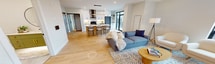 This sleek 960 square foot apartment offers a harmonious blend of style and functionality. The open-concept living area serves as the heart of the home, seamlessly connecting the kitchen, dining, and living spaces. The gourmet kitchen boasts white cabinetry, stainless steel appliances, and a spacious island with seating, perfect for casual dining or entertaining.

Large windows flood the space with natural light and provide breathtaking panoramic views of the surrounding area. The primary bedroom, measuring 160 square feet, features ample closet space and an en-suite bathroom. A second bedroom and bathroom complete the living quarters.

Throughout the apartment, you'll find contemporary finishes, including hardwood floors, modern light fixtures, and a neutral color palette. The bathrooms showcase elegant vanities, large mirrors, and stylish tiling. Additional amenities include multiple closets for storage and in-unit laundry facilities.

Located at 112 Saint James Street in London, Ontario, this apartment combines urban convenience with comfortable living. Its thoughtful design and prime location make it an ideal choice for those seeking a modern, low-maintenance lifestyle in the heart of the city.