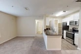 Located at 10010 Skinner Lake Dr in Jacksonville, Florida, this one-bedroom, one-bathroom residence offers a well-organized single-floor layout designed for comfortable everyday living. The open-concept living and dining area is finished with plush wall-to-wall carpeting and features a ceiling fan, creating a bright and airy atmosphere. A sliding glass door with adjacent window fills the space with natural light and provides direct access to a private balcony. The kitchen is equipped with stainless steel appliances — including a refrigerator, range, and microwave — complemented by white cabinetry, dark granite-style countertops, and a peninsula with a double stainless steel sink that opens to the main living area. Light wood-look flooring runs through the kitchen and extends into the in-unit laundry area, which houses a full-size washer and dryer. The hallway leads to the spacious bedroom, which features plush carpet, a ceiling fan with light, a large window with natural light, and access to multiple closets for generous storage. The bathroom offers a vanity with dark countertop, white cabinetry, tile flooring, and a full shower-tub combination. A dedicated utility room and additional closets throughout complete this efficiently designed home.