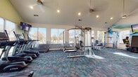 Located at 10035 Dabney Dr in Charlotte, NC, this well-equipped fitness center offers a comprehensive workout environment designed to support a wide range of exercise routines. The single-floor space features vaulted ceilings that lend an open, airy feel, while large floor-to-ceiling windows and glass sliding doors allow generous amounts of natural light to flood the interior and provide views of the surrounding outdoor community areas, including a pool.

The flooring throughout consists of colorful modular carpet tiles in shades of teal, blue, and gray, adding a modern and energetic aesthetic to the space. Ceiling fans are installed to maintain air circulation during workouts.

The cardio zone is well-stocked with True-brand treadmills and elliptical machines, each equipped with individual display screens. Strength training is supported by a multi-station cable machine, a weight bench with press attachments, and a pull-up/dip tower. A full rack of dumbbells, medicine balls, and a wall-mounted mirror round out the free weights area.

Entertainment is provided via multiple wall-mounted flat-screen televisions positioned throughout the space. A small lounge area with bright teal seating offers a relaxing spot adjacent to the main workout floor. The fitness center is accented with dynamic wall murals, contributing to an energetic and motivating atmosphere.