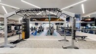 Located at 2777 SW Archer Rd in Gainesville, FL, this contemporary fitness center offers a spacious, single-floor layout designed to accommodate a full range of workout disciplines. The facility is bathed in natural light through large perimeter windows that provide views of the surrounding landscape, complementing the bright, modern interior illuminated by sleek linear LED lighting suspended from high ceilings.

The main workout floor features a diverse array of TRUE-brand cardio equipment, including treadmills, ellipticals, rowing machines, and stationary bikes, arranged across stylish blue and gray patterned carpet tiles that define distinct training zones. A prominent overhead functional training rig anchors the central area, outfitted with suspension straps, battle ropes, and punching bags for high-intensity functional workouts.

The strength training area includes a well-stocked dumbbell and kettlebell rack, medicine balls, cable machines, and selectorized strength equipment, all positioned alongside floor-to-ceiling mirrors that enhance the sense of space. A dedicated auxiliary room provides a quieter zone for stretching, ab work, or accessory training, complete with a wall-mounted TV and mirrored wall.

Bold motivational murals — including the phrases "If It Doesn't Challenge You, It Won't Change You" and "The Stronger You Are, The Better You Feel" — energize the environment. Restrooms and a water fountain are conveniently accessible within the facility.