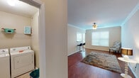 Located at 9611 Grant Rd in Houston, TX, this single-floor residence offers a well-organized layout with a comfortable, functional design throughout. The open-concept living and dining area is finished with rich hardwood flooring and features crown molding, a ceiling fan with light fixture, and large windows dressed with blinds that invite an abundance of natural light into the space. A breakfast bar with bar seating connects the living area seamlessly to the kitchen.

The kitchen is well-appointed with warm wood cabinetry, stainless steel appliances including a refrigerator with ice maker, gas range, microwave, and dishwasher, complemented by a mosaic tile backsplash and track lighting overhead. A built-in wine rack adds a distinctive touch above the refrigerator.

The bedrooms are carpeted for comfort, each offering generous closet space — including a walk-in closet with wire shelving — and ceiling fans for climate control. Windows provide views of the surrounding exterior and allow natural light to brighten each room.

The bathroom is finished with tile flooring, a single-sink vanity with a wide countertop, and a tub-shower combination. A dedicated in-unit laundry area accommodates a full-size washer and dryer with overhead wire shelving for added storage convenience.