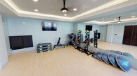This single-level fitness space is thoughtfully designed to support a well-rounded workout experience. The room features light hardwood-style flooring that provides a clean, durable surface suitable for a variety of exercises. Soft blue walls contribute a calm, energizing atmosphere, while a tray ceiling with recessed lighting and a ceiling fan enhances both the sense of height and air circulation throughout the space.

A large floor-to-ceiling mirror runs along one wall, making the room feel more expansive while allowing users to monitor their form during exercise. A wall-mounted flat-screen television adds a multimedia element for entertainment or instructional content during workouts.

The space is well-stocked with fitness equipment, including a rack of medicine balls in assorted weights, kettlebells, step platforms with adjustable risers, balance domes, and a freestanding resistance trainer. The equipment is organized efficiently along the walls, leaving ample open floor space in the center for stretching, cardio, or bodyweight exercises. Overall, the room offers a practical and inviting environment for diverse fitness routines.