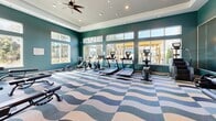 Located at 100 Oakbrook Drive in McDonough, Georgia, this fitness center offers a well-appointed workout space designed to support a full range of exercise routines. The single-room facility is thoughtfully laid out, dividing the floor into distinct cardio and strength training zones. Along the windowed wall, a row of treadmills, stationary bikes, and an elliptical trainer are positioned to take advantage of natural light and outdoor views of the surrounding landscape, including a pergola and lush greenery beyond. The strength training area features a power rack with weight plates, a full dumbbell rack, adjustable benches, and additional cable machines, all reflected by a large wall-mounted mirror that enhances the sense of space. A mounted flat-screen television provides entertainment during workouts. The interior design is both energetic and polished, with bold teal-painted walls, decorative patterned wallcovering accents, and a striking wave-patterned carpet in tones of blue, grey, and cream. The tray ceiling adds architectural depth, while ceiling fans and recessed lighting ensure a comfortable and well-lit environment throughout. Large windows on multiple walls flood the space with natural light, creating an open and inviting atmosphere.