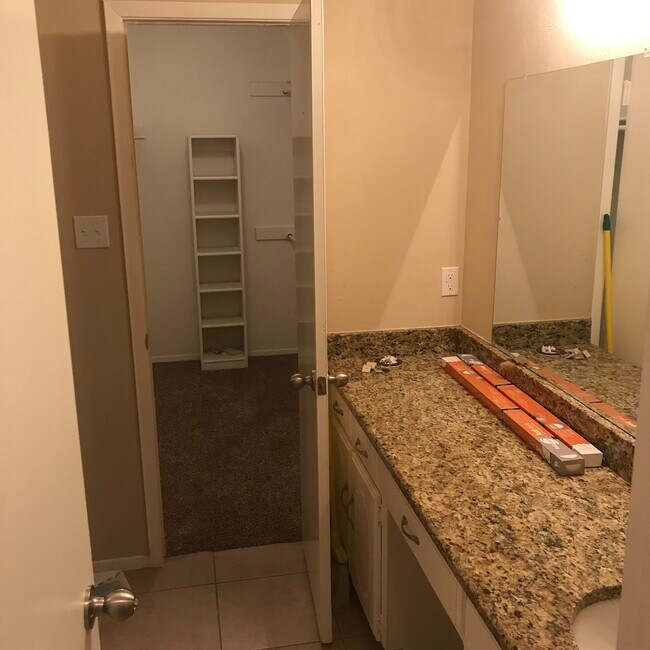 master bath sink, granite counter top and view into walk in closet - 2517 Warren Ln