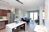 This contemporary single-floor residence showcases a thoughtfully designed layout with modern finishes throughout. The kitchen is a standout feature, equipped with rich dark espresso cabinetry, sleek bar-pull hardware, granite-style countertops, a subway tile backsplash, and a full suite of stainless steel appliances including a range, over-the-range microwave, dishwasher, and refrigerator. Wood-look flooring ties the kitchen together with a clean, polished aesthetic.

The living area is bright and inviting, featuring large sliding glass doors that open to a balcony with tree-lined outdoor views, filling the space with natural light. The room comfortably accommodates generous seating arrangements and is accented by wood-style flooring.

The bedrooms offer plush carpeted floors, ceiling fans, and large windows that frame lush outdoor scenery. Each bedroom provides a peaceful, comfortable retreat with ample natural light.

The bathroom is finished with wood-look flooring, a dark vanity with granite-style countertops, a large mirror with overhead lighting, and a full tub-shower combination with white tile surround. A hallway connects the bathroom directly to the bedroom, enhancing the flow of the space. Overall, the residence blends contemporary design with functional living.