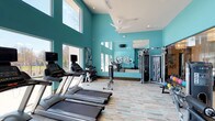 This single-floor fitness center makes a strong visual impression with its bold teal accent walls and bright, airy atmosphere. The space is designed with high vaulted ceilings that amplify the sense of openness, complemented by large windows along multiple walls that flood the room with natural light and offer views of the surrounding landscape. A ceiling fan overhead contributes to a comfortable workout environment.

The cardio section is prominently featured along the windowed wall and includes a row of modern treadmills equipped with individual display consoles, ideal for tracking workout metrics. Alongside the treadmills, additional cardio machines provide varied exercise options. The strength training area is anchored by a multi-function cable machine, with free weights and accessories nearby to support a full-body workout routine.

Large wall-mounted mirrors extend the visual depth of the space, enhancing the open feel while allowing users to monitor their form. Light wood-toned flooring with subtle teal detailing ties together the room's cohesive color palette. Decorative artwork adds a finishing touch, making this fitness center both functional and visually engaging.
