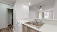 Suite 116 is a well-appointed single-floor residence designed with a clean, contemporary aesthetic throughout. The interior is finished with crisp white walls and bright recessed lighting, creating a light and airy atmosphere across all areas of the unit.

The kitchen is efficiently laid out with light quartz countertops, warm wood-toned lower cabinetry, white upper cabinets, and a full suite of appliances including an electric range with overhead ventilation and a dishwasher. A pass-through counter connects the kitchen to the adjoining living and dining area, promoting an open, connected feel.

The living area features smooth wood-look laminate flooring and a flush-mount light fixture, with a sliding glass door providing direct access to a private balcony and bringing in generous natural light. Vertical blinds offer flexible light control.

The bedroom is generously proportioned, finished with neutral wall-to-wall carpeting and a window dressed with vertical blinds. It includes access to a dedicated walk-in closet equipped with multi-level wire shelving, providing substantial storage capacity.

The bathroom is cleanly finished with white tile flooring, a quartz-topped vanity with wood-toned cabinetry, a mirrored medicine cabinet, and a tub-shower combination enclosed by a sliding glass door with a decorative tile accent border.