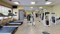 This fitness center offers a comprehensive workout environment designed to accommodate a wide range of exercise needs. The space is finished with light wood-style flooring throughout, which complements the warm, sage-green walls and rich wood trim that frame the doors and windows. Flush ceiling lights provide consistent, even illumination across the room, while windows fitted with blinds allow natural light to filter in, offering views of the surrounding outdoor area.

The room is thoughtfully organized to maximize functionality. Cardio equipment includes multiple treadmills and an elliptical trainer, each equipped with individual screens for entertainment or workout tracking. A dedicated free weights section features a fully stocked dumbbell rack, providing a range of resistance options for strength training. Multiple cable and weight machines are positioned throughout the space, supporting a variety of resistance and strength exercises.

Large wall-to-wall mirrors on one side of the room enhance the sense of space and allow users to monitor their form during workouts. Mounted flat-screen televisions are also present for added convenience. A water dispenser station is available near the entrance area. Elegant wood-framed French doors serve as a prominent architectural feature, adding a refined aesthetic to what is otherwise a practical, fitness-focused environment. The overall ambiance is clean, functional, and welcoming.