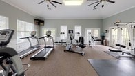 This fitness center offers a comprehensive workout environment designed to accommodate a wide range of exercise routines. The space is finished with soft sage-green walls, white wainscoting, and crown molding, lending the facility a polished, upscale aesthetic uncommon in typical gym settings. Large windows fitted with white plantation shutters line the walls, allowing abundant natural light to fill the room while offering views of the surrounding greenery. Overhead, large ceiling fans promote air circulation throughout the space. The cardio zone is well-stocked with True-brand treadmills, elliptical trainers, a recumbent bike, and an upright stationary bike, all arranged to maximize both usability and open floor space. A dedicated strength and free-weights area features a multi-function cable machine, an adjustable workout bench, a full rack of dumbbells, and a barbell with plates. Interlocking rubber floor mats define this zone, providing a safe and stable surface for strength training and stretching. Wall-mounted flat-screen televisions are positioned for easy viewing from the cardio equipment. French doors and additional entry doors provide multiple access points, contributing to the open, airy feel of the facility. The overall ambiance is bright, clean, and inviting, making it a functional and comfortable space for daily fitness routines.