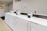 This single-floor shared amenity space is thoughtfully designed to serve the practical and social needs of its users. The laundry area forms the heart of the facility, housing multiple commercial-grade washing machines and dryers arranged in efficient rows along the walls. The machines are complemented by wall-mounted informational panels and a bulletin board, keeping residents informed and organized. The flooring throughout the laundry area is a durable, easy-to-clean vinyl, well-suited for high-traffic use. Adequate overhead fluorescent lighting ensures a bright, functional environment. A laundry cart is also available for added convenience. Adjacent to the laundry area is a comfortable lounge and seating nook, featuring a long dark table with chairs, ideal for waiting or casual gatherings. A large window dressed with a decorative patterned valance fills the space with natural light and offers a pleasant view of the surrounding outdoor greenery. A Coca-Cola vending machine and a decorative potted plant add color and a welcoming touch to the space. The neutral wall tones and crown molding in the lounge area lend a clean, polished finish. Together, these areas create a practical yet inviting communal space.