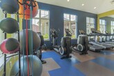 Located at 70 Lakeshore Drive in Hampton, Virginia, this fitness center is a single-floor facility designed to support a comprehensive workout experience. The space is defined by its bold, energetic color palette — deep navy blue and bright yellow accent walls — set against crisp white ceilings with recessed lighting that keeps the environment well-illuminated throughout the day.

Large, multi-pane windows line the walls on multiple sides, flooding the interior with abundant natural light and offering views of the surrounding greenery. The flooring features a distinctive multi-colored checkerboard pattern in blue, brown, and neutral tones, adding a dynamic visual element while providing a durable, gym-appropriate surface.

The cardio zone is equipped with modern treadmills outfitted with individual display screens, positioned along a windowed wall and reflected in large floor-to-ceiling mirrors that enhance the sense of space. The strength training area offers a full rack of dumbbells, multiple cable and weight machines, adjustable benches, and a cable crossover station, providing options for both targeted and full-body workouts. Medicine balls and stability equipment round out the functional training offerings.

The vaulted ceiling in the main training area adds a sense of openness and volume, while ceiling fans contribute to airflow and comfort. A wall-mounted television and full-length mirrors throughout support both entertainment and form monitoring during workouts.