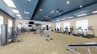 The fitness center at Capital Place At Southwood is a well-appointed, single-floor facility designed to support a comprehensive workout experience. The space features a striking two-tone ceiling design, with deep navy blue recessed sections contrasting against the lighter surrounding areas, giving the room a modern, polished aesthetic. Multiple ceiling fans and recessed lighting ensure the space remains comfortable and well-illuminated throughout.

The layout is generously sized, offering ample room between equipment stations to move freely. Along one wall, a large floor-to-ceiling mirror visually expands the space while allowing users to monitor their form. Flat-screen televisions are mounted for entertainment during workouts.

The equipment selection is diverse and well-organized. Cardio machines, including ellipticals and stationary bikes, are arranged along one side of the room, while a dedicated free weight area features a full rack of dumbbells and various resistance equipment. Strength training stations, including a power tower for bodyweight exercises, occupy the central floor space.

Neutral-toned, textured carpet tiles cover the floor throughout, providing both durability and comfort. Natural light filters in through several windows, enhancing the open and inviting atmosphere of this fitness facility.