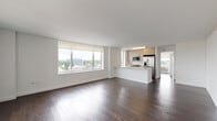 Located at One Third Avenue in Minneola, New York, this single-floor residence showcases a clean, modern aesthetic throughout. Rich dark hardwood flooring flows seamlessly across the living spaces, creating a warm contrast against the crisp white walls and ceilings.

The open-plan living and dining area is a standout feature, anchored by expansive floor-to-ceiling windows that flood the space with natural light and frame sweeping views of the surrounding cityscape. The kitchen is thoughtfully integrated into this open layout, featuring a central island with white countertops, sleek flat-panel cabinetry, and a full suite of stainless steel appliances including a gas range, over-the-range microwave, and refrigerator. A dedicated kitchen window further enhances the bright, airy feel.

The bedroom offers generous proportions with a large window and an impressive array of built-in closets, providing abundant storage. A private hallway with flush ceiling lighting connects the living and sleeping areas, lending a sense of separation and privacy.

The bathrooms are finished with modern tile work—one featuring full-height white wall tiles and a glass-panel shower enclosure, while the second includes textured wall tiles and safety grab bars. Together, these spaces reflect a thoughtful, contemporary design sensibility suited to comfortable urban living.