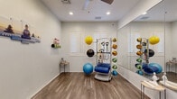 Located in Glendale, Arizona, this dedicated fitness and wellness studio offers a thoughtfully designed space for exercise and mindful movement. The room features durable wood-look plank flooring throughout, providing a clean and supportive surface ideal for a variety of workouts. Neutral light gray walls and recessed lighting create a bright, focused atmosphere, while a ceiling fan ensures comfortable air circulation during active sessions.

A full wall-length mirror runs along one side of the room, visually expanding the space and allowing users to monitor their form during workouts. Plantation shutters on the windows provide adjustable natural light and privacy, contributing to a calm, controlled environment. Wall-mounted storage racks keep foam rollers and yoga mats neatly organized and easily accessible.

The studio is equipped with a multi-functional fitness rack holding an assortment of medicine balls, resistance bands, and exercise rollers. Additional exercise balls of varying sizes are positioned throughout the room, supporting diverse training modalities from strength and balance work to flexibility and recovery. Mindful touches, including a serene Buddha canvas print, a decorative Hamsa wall piece, and a small stone frog figurine, reinforce the studio's wellness-oriented character. A frosted glass entry door provides a professional, private entrance to this well-appointed training space.