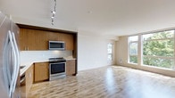 This single-floor space showcases a thoughtfully designed open-concept layout that seamlessly integrates the kitchen and living area into one cohesive, flowing environment. The kitchen is appointed with rich, warm-toned flat-panel wood cabinetry that extends to the ceiling, offering generous storage. Stainless steel appliances — including a range with oven and an over-the-range microwave — lend a clean, contemporary finish, while the light-colored countertops provide a striking contrast to the cabinetry. Track lighting above the kitchen adds focused illumination to the workspace. The living area extends naturally from the kitchen, bathed in an abundance of natural light streaming through a series of large floor-to-ceiling windows. These expansive windows not only brighten the interior but also frame pleasant views of the surrounding greenery. The continuous light hardwood flooring unifies the entire space, enhancing the sense of openness and warmth throughout. Crisp white walls and smooth ceilings keep the aesthetic clean and modern, creating a bright, airy ambiance that makes the space feel welcoming and versatile.