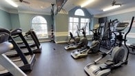 This fitness center combines functional design with refined architectural character. The space is distinguished by its vaulted ceiling with a decorative coffered medallion and pale blue walls accented by white wainscoting, lending a polished, upscale feel. Large arched windows with fanlight transoms line the walls, flooding the room with abundant natural light and offering views of the surrounding greenery outdoors.

The cardio equipment lineup includes treadmills, elliptical trainers, and a recumbent stationary bike, all arranged to take advantage of the natural light and window views. Wall-mounted flat-screen televisions are positioned for easy viewing during workouts. A medicine ball rack with an assortment of weighted balls provides options for functional strength and conditioning exercises.

The flooring is a durable, dark rubberized material well-suited for a fitness environment. The overall layout is open and uncluttered, allowing for comfortable movement between equipment. The combination of classic architectural details, ample natural light, and modern fitness amenities creates a motivating and pleasant environment for exercise.