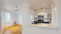 This single-floor, 3-bedroom, 2-bathroom home offers a thoughtfully designed layout that maximizes functionality and comfort. The open-concept living area welcomes you through a dedicated entrance, featuring warm light wood flooring, crisp white walls, and a ceiling fan with integrated lighting. Large sliding glass doors flood the living space with natural light while providing access to an outdoor area.

The kitchen is a standout feature, boasting a peninsula with a stainless steel sink and white countertops, two-tone cabinetry with white upper cabinets and navy lower cabinets, a tile backsplash, and a full suite of stainless steel appliances including a range, microwave, and refrigerator. Track lighting above enhances the modern aesthetic.

The three bedrooms offer a peaceful retreat, with plush neutral carpet, bright windows with blinds, and ample closet storage — three closets in total. The generously sized primary bedroom provides a comfortable, private space.

Both bathrooms are finished with a consistent, contemporary style featuring wood-look flooring, white vanity cabinets, dark countertops, vessel sinks, bold-framed mirrors, and bright vanity lighting. Two hallways connect the rooms seamlessly, completing this clean, move-in-ready home.