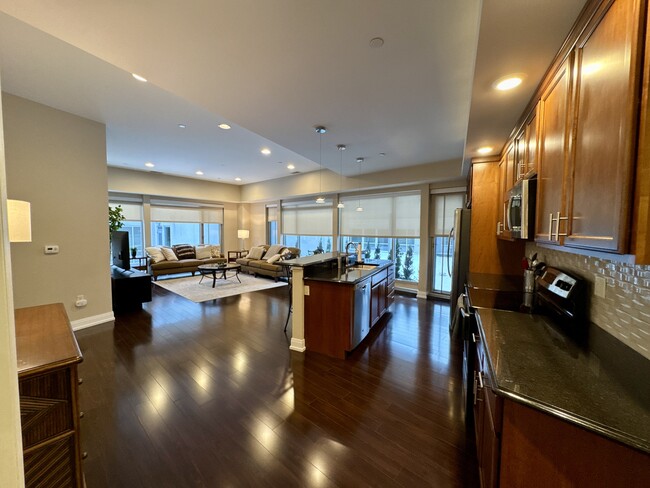 Kitchen & living with beautiful wood floors - Peregrine Plaza