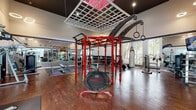 This comprehensive fitness center is organized across a single floor into several distinct workout zones, each designed to support a wide range of training styles. The strength training area is anchored by a bold red multi-functional rig equipped with pull-up bars, gymnastic rings, a mini trampoline, and a heavy bag, all set beneath a striking geometric grid ceiling panel with accent lighting. Full-length mirrors line the walls, amplifying the sense of space and allowing users to monitor their form. Adjacent to this zone, a dedicated free weights and machine area houses a full dumbbell rack, benches, cable machines, and a leg press, complemented by floor-to-ceiling windows that frame lush tree-lined outdoor views and flood the space with natural light. The functional fitness section offers stability balls, medicine balls in a variety of sizes, and a color-coded dumbbell tower alongside wall-mounted televisions for entertainment. The spacious cardio suite features a long row of treadmills and elliptical machines from True Fitness, positioned near large windows overlooking greenery. Warm hardwood-style flooring runs throughout, tying the zones together, while recessed and track lighting ensure a bright, energizing atmosphere. A reception-style entry area with a front desk completes the welcoming, professional layout of this facility.
