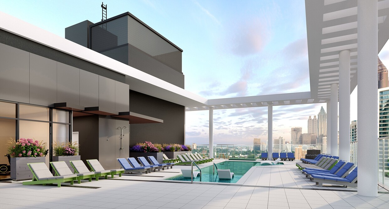 Piscina en la azotea con amplia terraza, cabañas y vistas de 360 grados del horizonte. - Modera Parkside