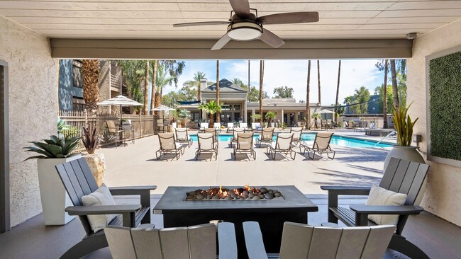 Our poolside fire pit is the epitome of relaxation. Escape under a breezy fan and enjoy the warm glow chatting with friends. - Beacon at 601