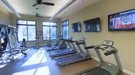 This single-floor fitness center offers a well-organized and functional workout space designed to support cardio-focused exercise routines. The room is outfitted with multiple treadmills and an elliptical machine, all arranged to face a bank of large windows that flood the space with natural light, creating an open and energizing atmosphere. Two wall-mounted flat-screen televisions are positioned along one wall, allowing users to stay entertained during workouts. A stationary bike is also available, positioned near the windows to take advantage of the natural views outside. The flooring features a durable, exercise-friendly surface suitable for high-traffic fitness use. Overhead, two ceiling fans help maintain air circulation throughout the room, contributing to a comfortable workout environment. The neutral-toned walls and simple layout keep the space feeling clean and uncluttered. Large windows along one side provide views of a landscaped outdoor area, further enhancing the sense of openness. Overall, the fitness center is practical and well-lit, offering essential cardio equipment in a comfortable, thoughtfully designed setting.