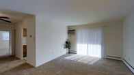This single-floor residential space offers a clean, functional layout designed for comfortable everyday living. The main living area is a standout feature, characterized by its open, airy feel and neutral color palette throughout. Smooth white walls and a light-toned ceiling create a bright, welcoming atmosphere that is further enhanced by an expansive sliding glass door fitted with vertical blinds. This large door allows abundant natural light to flood the room, casting a warm glow across the wall-to-wall carpeted flooring. The carpet adds a soft, comfortable underfoot feel to the space and contributes to the overall understated aesthetic. Climate control is provided by a wall-mounted air conditioning unit positioned near the sliding door, ensuring year-round comfort. A baseboard heating unit is also visible along the exterior wall, offering an additional layer of temperature regulation. The living space is generously proportioned, providing ample room for a variety of furniture arrangements. A tall indoor plant near the glass door adds a touch of natural greenery to the otherwise minimalist interior. The overall ambiance is simple, bright, and practical, making this a versatile space well-suited for a range of living arrangements.