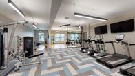 This contemporary fitness center is thoughtfully designed to support a full range of workout routines within a single, open floor plan. The space is divided into distinct functional zones, each catering to different aspects of physical training. The cardio area is outfitted with multiple treadmills, elliptical machines, and a rowing machine, all positioned in front of wall-mounted flat-screen televisions for an engaging workout experience. Adjacent to the cardio section, a strength training zone features a cable machine, weight bench, and a rack of colorful dumbbells, providing ample options for resistance-based exercise. A separate spin studio, enclosed by sleek floor-to-ceiling glass partitions with black metal frames, houses stationary cycling bikes and is lined with large mirrors to maximize the sense of space and allow proper form monitoring. Exercise balls and additional accessories are neatly organized in a dedicated area. Throughout the main floor, a bold herringbone-patterned carpet in shades of blue, gray, and cream adds a modern, energetic aesthetic, while suspended linear pendant lights provide bright, even illumination. Natural light filters in through windows overlooking the surrounding exterior, creating an inviting and motivating environment for fitness enthusiasts.