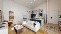 Located on Louis Pasteur Drive in San Antonio, TX, this thoughtfully designed single-story, 3-bedroom, 2-bathroom home delivers a refined modern aesthetic with high-end finishes at every turn. Soaring ceilings elevate the open-concept living and kitchen area, where light wood flooring, recessed lighting, and a contemporary gold-accented chandelier create a bright, welcoming ambiance. The living room offers generous natural light through floor-to-ceiling curtained windows, complemented by a neutral, modern palette. The kitchen is a standout, featuring bold navy cabinetry, striking black open-frame shelving, a statement wall-mounted range hood, stainless steel appliances, and a dramatic waterfall-edge quartz island with seating. Both bathrooms are elegantly appointed with navy floating vanities, chevron-patterned tile flooring, and marble-look tile surrounds — one featuring a glass-enclosed shower, the other a full tub-shower combination. The three bedrooms are serene and light-filled, with the generously sized primary suite offering ample space and a dedicated closet. Additional highlights include two hallways, a utility room, and an in-unit laundry room, ensuring practical functionality alongside sophisticated design.