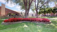 This meticulously maintained outdoor space showcases a thoughtfully designed landscape that serves as the welcoming heart of a multi-building residential community. The grounds are defined by expansive, well-kept lawns that provide an open, park-like atmosphere, offering residents a serene environment to enjoy throughout the seasons.

Central to the landscape are towering, mature trees whose broad canopies cast generous shade across the grounds, creating a sense of established character and natural beauty. Curved stone retaining walls frame vibrant, carefully curated flower beds bursting with bold red blooms, adding striking color and visual interest to the greenery. Classic lamp posts are positioned throughout the grounds, lending a timeless, pedestrian-friendly aesthetic to the pathways and common areas.

The surrounding brick residential buildings rise multiple stories and feature balconies and large windows, contributing to an integrated community feel. To one side, a covered outdoor patio area with seating and umbrellas provides a shaded gathering space for residents. Neatly trimmed hedgerows and ornamental plantings line the walkways, reinforcing the attention to detail present throughout the landscape design. Altogether, the grounds offer a lush, inviting environment that balances natural beauty with well-planned communal outdoor living.