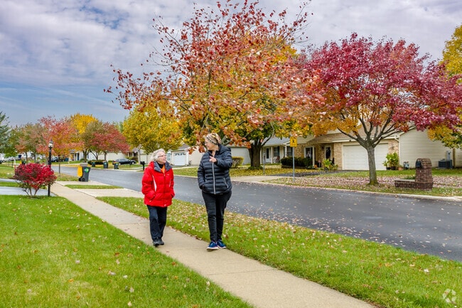 Residents of Streamwood, IL neighborhoods can be seen enjoying a walk during a fall day.