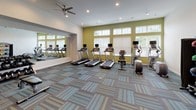 Located in Menomonee Falls, WI, this well-appointed fitness center offers a comprehensive workout environment across a single floor. The space is designed with functionality and comfort in mind, featuring a patterned, multi-tone carpet that adds visual interest while providing a durable surface underfoot. Recessed lighting and ceiling fans ensure the room remains bright and well-ventilated throughout.

The cardio zone is prominently positioned along a windowed wall, where a row of treadmills and elliptical machines face large windows fitted with adjustable blinds, allowing ample natural light to filter in. Each cardio unit is equipped with an integrated display screen for tracking workouts.

The strength training area is equally well-equipped, featuring a dual-cable functional trainer, a dumbbell rack with a full selection of free weights, and a weight bench. A large full-length mirror spans one wall, enhancing the sense of space and allowing users to monitor their form during exercise. A wall-mounted flat-screen television adds convenience for those looking to stay entertained.

Complementing the equipment is a dedicated rack stocked with medicine balls, stability balls, and kettlebells, supporting a wide range of functional and group fitness exercises. The overall ambiance is clean and modern, with yellow-green accent walls in the cardio section providing an energizing pop of color.